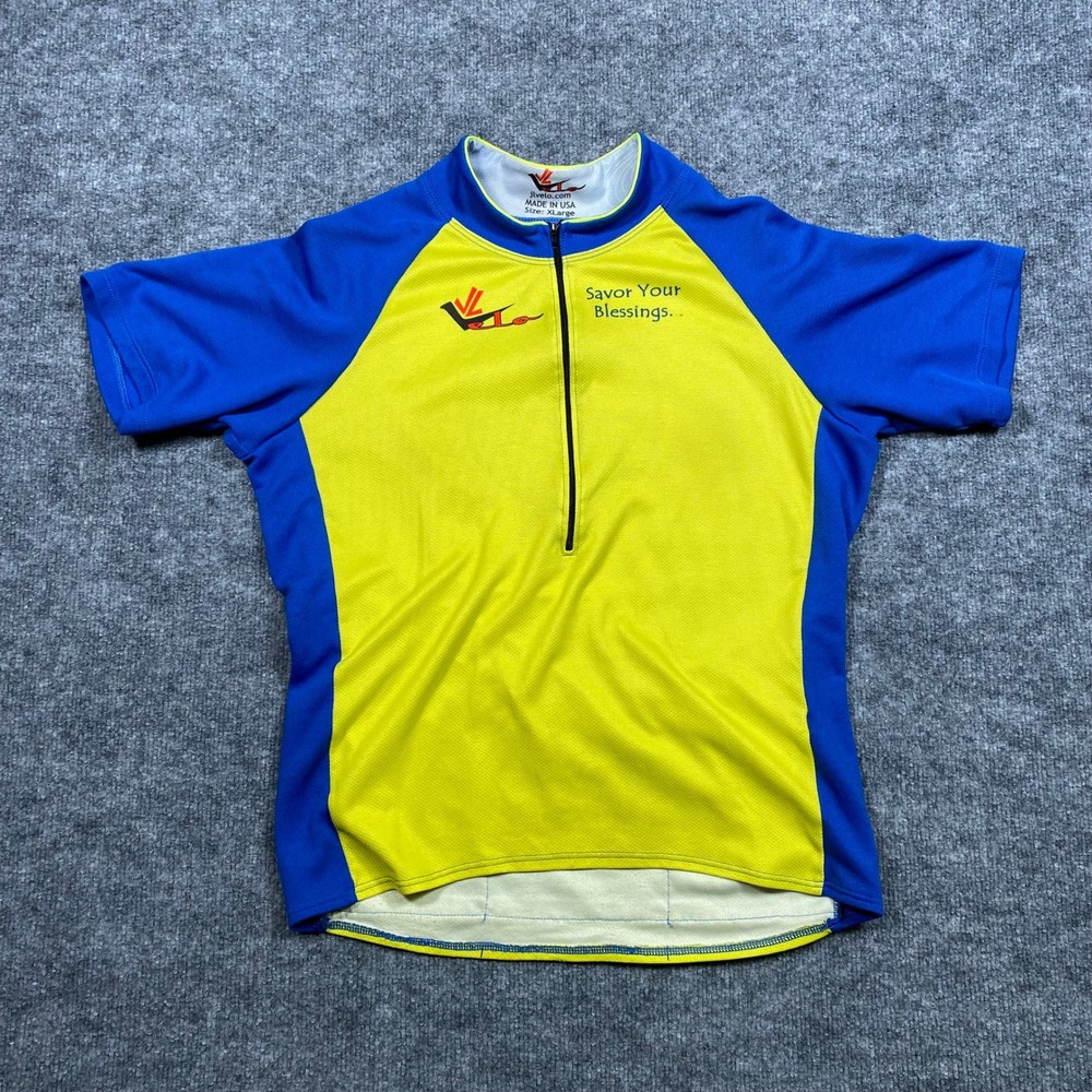 JL Velo Cycling Jersey‎ Mens XL Savor Your Blessings Blue Yellow Made in USA Zip